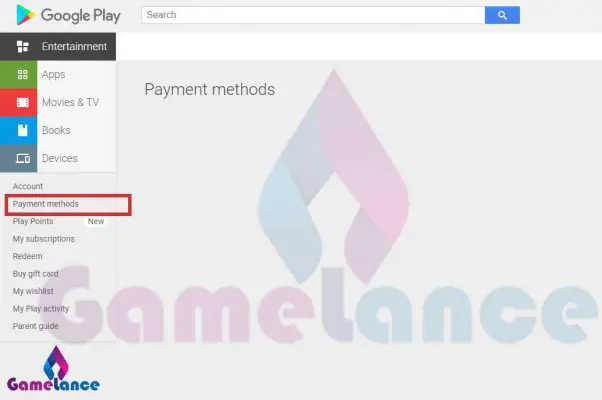 صفحه مشاهده موجودی اکانت گوگل پلی با عنوان Payment methods بعد از شارژ گیفت کارت گوگل پلی